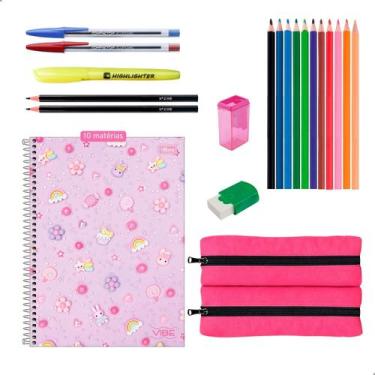 Imagem de Kit Material Escolar Caderno 10 Matérias Estojo Duplo + Itens Feminino
