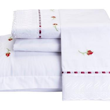 Imagem de Jogo De Cama Felicitá Casal Queen 4 Peças Percal 200 Fios 100% Algodão Bordado - Branco