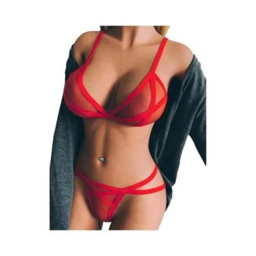 Imagem de Conjunto De Lingerie Sexy Feminina Em Tule Sólido Com Sutiã Transparen