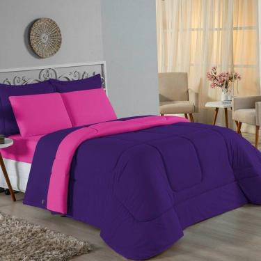 Imagem de Kit Edredom Dupla Face + Jogo De Lençol Casal Viúva Nobre 7 Peças Malha 100% Algodão - Roxo / Pink