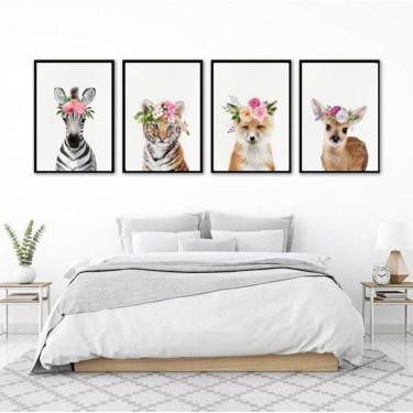 Imagem de Kit 4 Quadros Decorativos Bichinhos Com Coroas 34x23cm