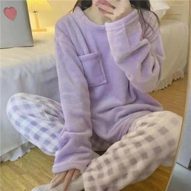 Imagem de Conjunto De Pijama Feminino Quente E Confortável Com Gola Redonda E Ma