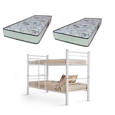 Imagem de Beliche Solteiro Cristal com Grade de Proteção e Escada Aço Ferro Branco com 2 Colchões