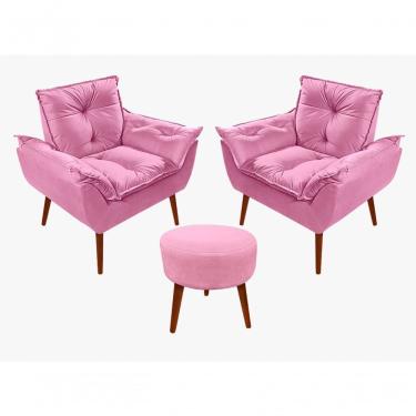 Imagem de Kit 2 Poltronas Opala Com Puff Redondo Danny Suede Rosa Sonho Das Poltronas