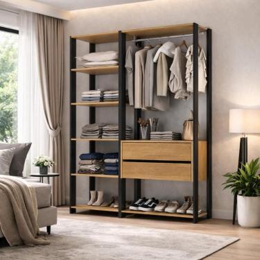 Imagem de Guarda-roupa Closet Modulado Arizona 2 Gavetas 135cm Multimóveis Mp4783 Preto/madeirado