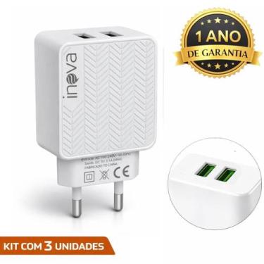 Imagem de Kit 3 Fonte Carregador Celular 3.1a Carga Rápida 2 Usb Inova, Preto
