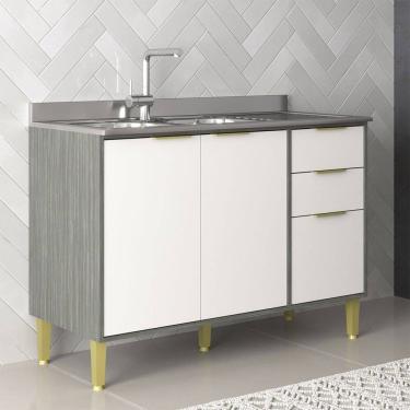 Imagem de Balcão de Cozinha para Pia 120 Cm Domus 2 Portas 3 Gavetas Silver/Branco - Hecol Móveis