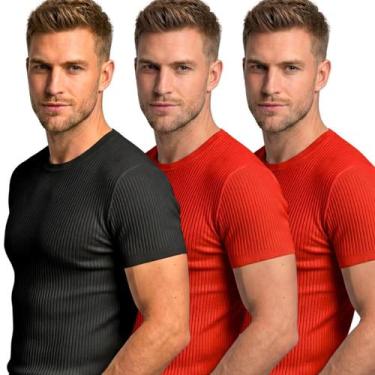 Imagem de Kit 3 Camisetas Masculinas Caneladas Slim Fit Manga Curta Academia Tre
