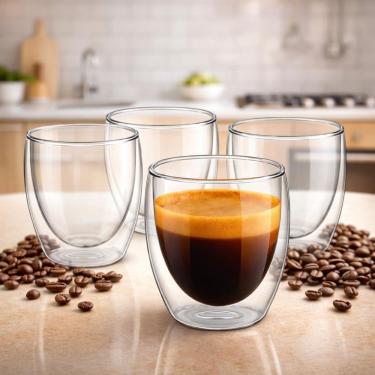 Imagem de Conjunto 4 Xícaras de Vidro Borossilicato 180ml Parede Dupla Térmicas para Café Espress...