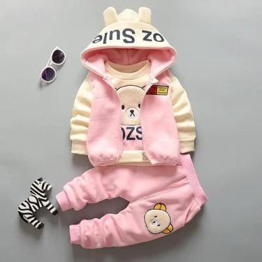 Imagem de Conjunto Infantil Bebê De Moletom Frio Inverno 3 Peças Calça Camisa e 