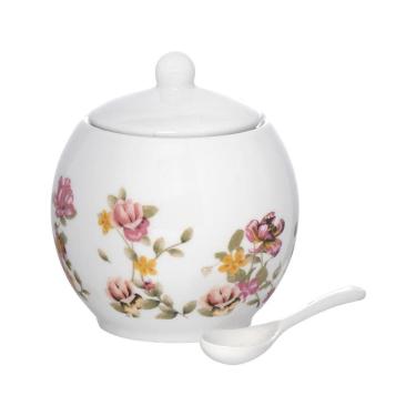 Imagem de Açucareiro Le Jardin com Colher 350ML em Porcelana Estampa Floral para Mesa Branco Hauskraft