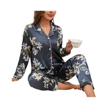 Imagem de Conjunto De Pijama Feminino De Cetim, Manga Comprida, Com Botões, Calç