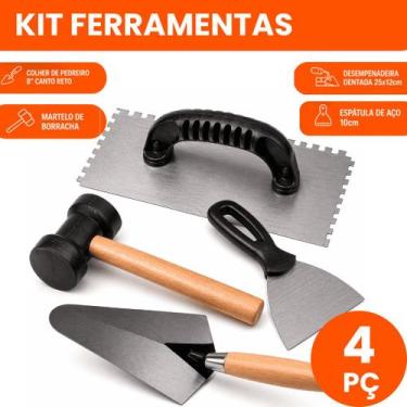 Imagem de Kit ferramenta colher de pedreiro + desempenadeira + martelo borracha 