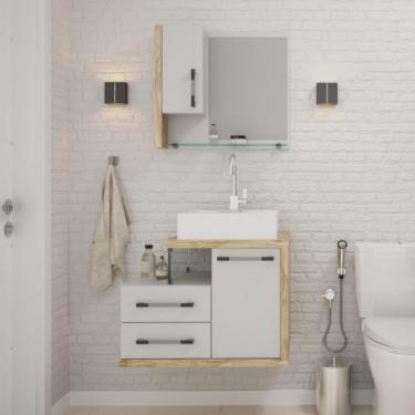 Imagem de Conjunto de Gabinete de Banheiro com Cuba Q39 e Espelheira Wood 2 PT 2 GV Branco e Carvalho