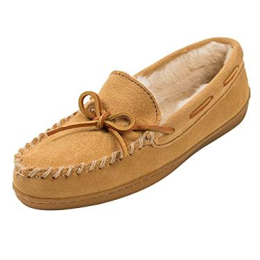 Imagem de Minnetonka Mocassim feminino de sola dura com forro, Camurça bege, 10 Wide