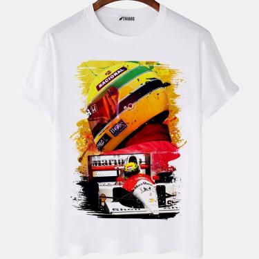 Imagem de Camiseta masculina Formula 1 Ayrton Senna Piloto Arte Camisa Blusa Branca Estampada