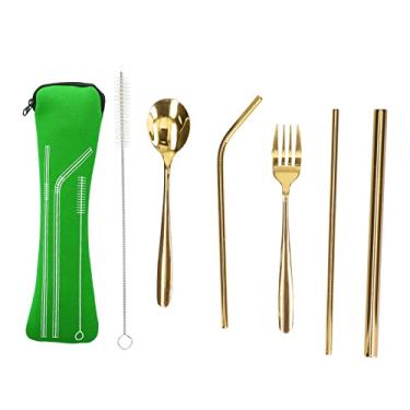 Imagem de Utensílios portáteis, conjunto de utensílios de acampamento de 7 peças conjunto de talheres de aço inoxidável incluindo escova de limpeza de colher de garfo de palha(金色（绿色收纳袋）)