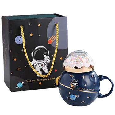 Imagem de seelucky Caneca de astronauta estilo minimalista com tampa de colher estrela copo de café de cerâmica criança caneca de leite dos desenhos animados xícara de chá presente escritório casa (azul com caixa, 400 ml)