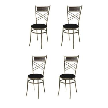 Imagem de Kit 4 Cadeiras De Jantar Estofada Preta Em Aço Ouro Envelhecido Madrid