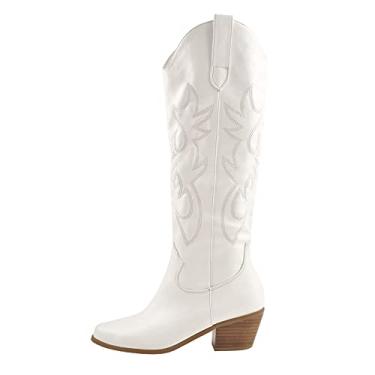Imagem de Richealnana Bota feminina Cowgirl redonda Roe botas curtas bordadas salto grosso, Branco, 8