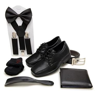 Imagem de Kit Sapato Social Infantil Suspensorio Gravata Cinto Carteira Calçadeira Meia Pajem Casamento Tamanho:22;Cor:Preto;Gênero:Menino;Departamento BS:Esporte