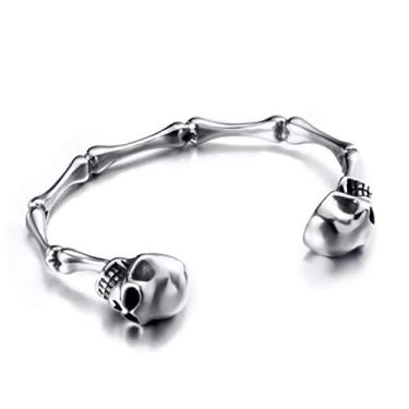 Imagem de ELFASIO Pulseira masculina de caveira de tamanho ajustável, aço inoxidável, esqueleto, ossos prateados, pulseiras de motociclista