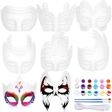 Imagem de Elcoho 24 peças de máscaras de papel branco meia face máscaras de baile de máscaras DIY pintadas à mão com cordão de tintas acrílicas pincéis, máscaras de carnaval para Halloween, festa de cosplay