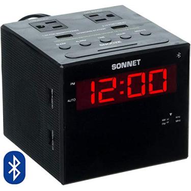 Imagem de Sonnet Estação de carregamento de despertador digital Bluetooth, rádio AM/FM, duas portas USB, duas tomadas, perfeito para mesa lateral, quarto
