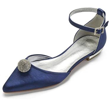 Imagem de Sapatos de casamento para noivas mulheres sapatilhas sapatilhas com fivela de cetim bico redondo sapatos com strass 36-43,Dark blue,9 UK/42 EU