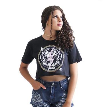 Imagem de Blusa Blusinha T-Shirt Cropped Camiseta Feminina Estampada Tigre Raio