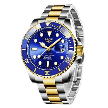 Imagem de LIGE Relógio masculino moderno, luxuoso, esportivo, analógico, de quartzo, para homens, negócios, casual, impermeável, aço inoxidável, vestido de pulso, calendário, mostrador grande,