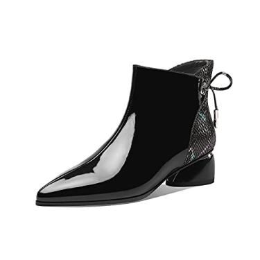 Imagem de TinaCus Bota feminina de couro envernizado, feita à mão, confortável, salto bloco, zíper lateral, bico fino e laço no tornozelo, Preto, 5.5