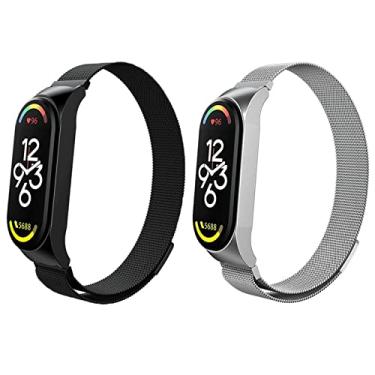 Imagem de Kit 2 Pulseira magnética de metal para Xiaomi Band 7 6 5 4 3, pulseira de substituição de aço inoxidável ajustável para smartwatch, adequada para mulheres, homens, esportes e trabalho. (Mi Band 3/4/5/6, Preto + prata)