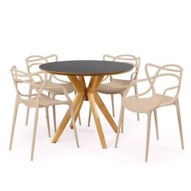 Imagem de Conjunto Mesa de Jantar Redonda Marci Premium Preta 100cm com 4 Cadeiras Allegra - Nude