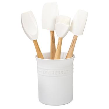 Imagem de Le Creuset Conjunto de utensílios de silicone da série Craft com pote de grés, 5 peças, branco
