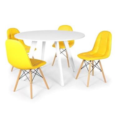 Imagem de Conjunto Mesa de Jantar Redonda Amanda Branca 120cm com 4 Cadeiras Eiffel Botonê - Amarelo