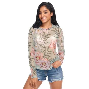 Imagem de Camiseta feminina de malha de manga comprida com estampa de orquídea rosa tropical, flores e palmeira, transparente, Palmeira com flores de orquídea rosa tropical, P