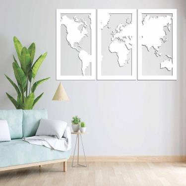 Imagem de Quadro Decoração Vazado Mapa Mundi Mdf 6Mm Branco 70X40 Cm