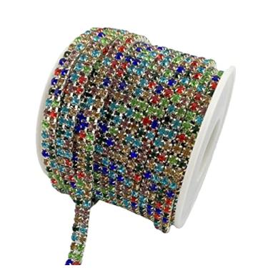 Imagem de AEAOA 10 jardas, 2 fileiras, 6 mm, fecho de strass, corrente, apliques de fantasia, enfeites de costura, decoração de vestido de noiva (prata + arco-íris)
