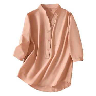 Imagem de Blusas femininas de botão, gola V, manga 3/4, algodão, linho, camisetas soltas de verão, camiseta de chiffon respirável, Vermelho, XXG