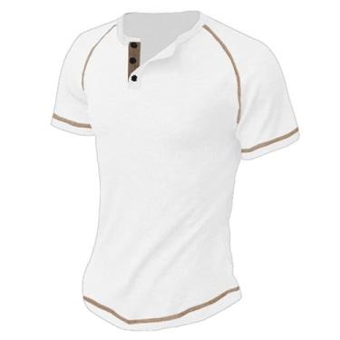 Imagem de Masculino verão henley redondo manga curta camiseta raglan casual praia cores contrastantes botão de algodão básico topos jogging (Color : White, Size : S)