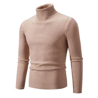 Imagem de Suéter masculino vintage de gola rolê grosso suéter de gola rolê cor sólida, Marrom-claro, M
