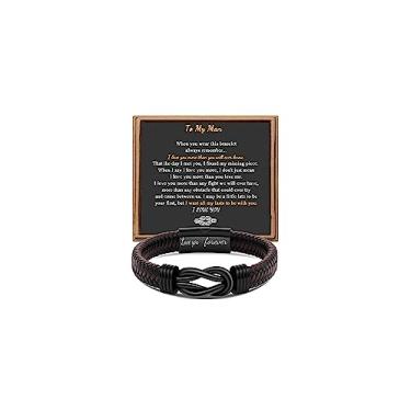 Imagem de Presente para homens, pulseira infinita para homens, pai, marido, namorado, filho, neto, irmão, sobrinho, tio, marrom, couro trançado Forever Linked Together, aço inoxidável, gravada com joia Love You