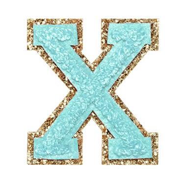 Imagem de 3 Pçs Chenille Letter Patches Ferro em Patches Glitter Varsity Letter Patches Bordado Bordado Borda Dourada Costurar em Patches para Vestuário Chapéu Camisa Bolsa (Azul, X)
