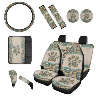 Imagem de BIGCARJOB Pacote com 12 capas de assento de carro estilo boho, capas de volante hippie com estampa de patas, almofadas universais de cinto de segurança, capa de apoio de braço, suporte de copo,