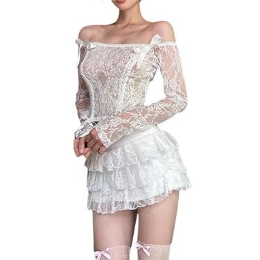 Imagem de Blusa feminina cropped de renda transparente com ombro de fora e manga comprida pulôver casual para roupas esportivas e urbanas, Branco, G