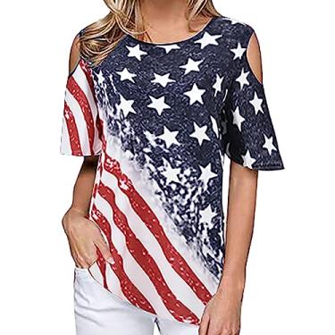 Imagem de Camiseta feminina do Dia da Independência com a bandeira dos EUA, ombros de fora, camiseta de verão para sair, Azul marino, M