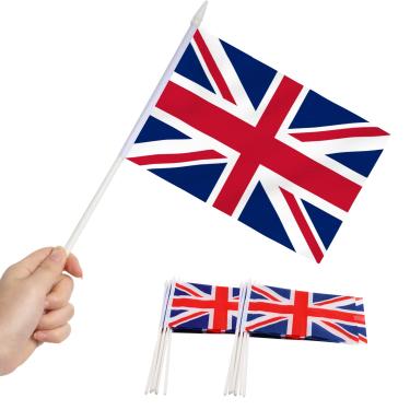 Imagem de Bandeira britânica Union Jack Stick, ANLEY Grã-Bretanha 5x5 polegadas HandHeld Mini bandeira com pólo sólido branco de 12 "- cores vivas e resistente ao desbotamento