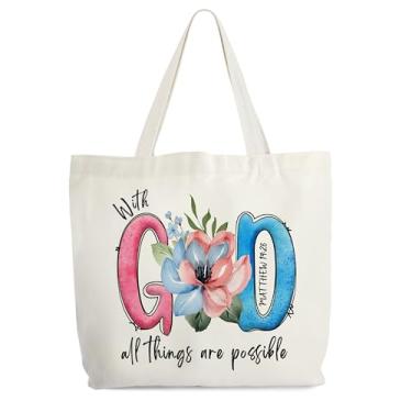 Imagem de Sacola de lona cristã para mulheres, With God All Things Are Possible, bolsa de presente religiosa com versículo bíblico, bolsa de livro de biblioteca floral, bolsa de ombro de fé, presentes para