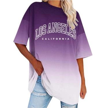 Imagem de Camisetas femininas grandes divertidas com estampa gradiente Los Angeles Y2k manga curta ombro caído tops básicos de verão, Lilás, GG